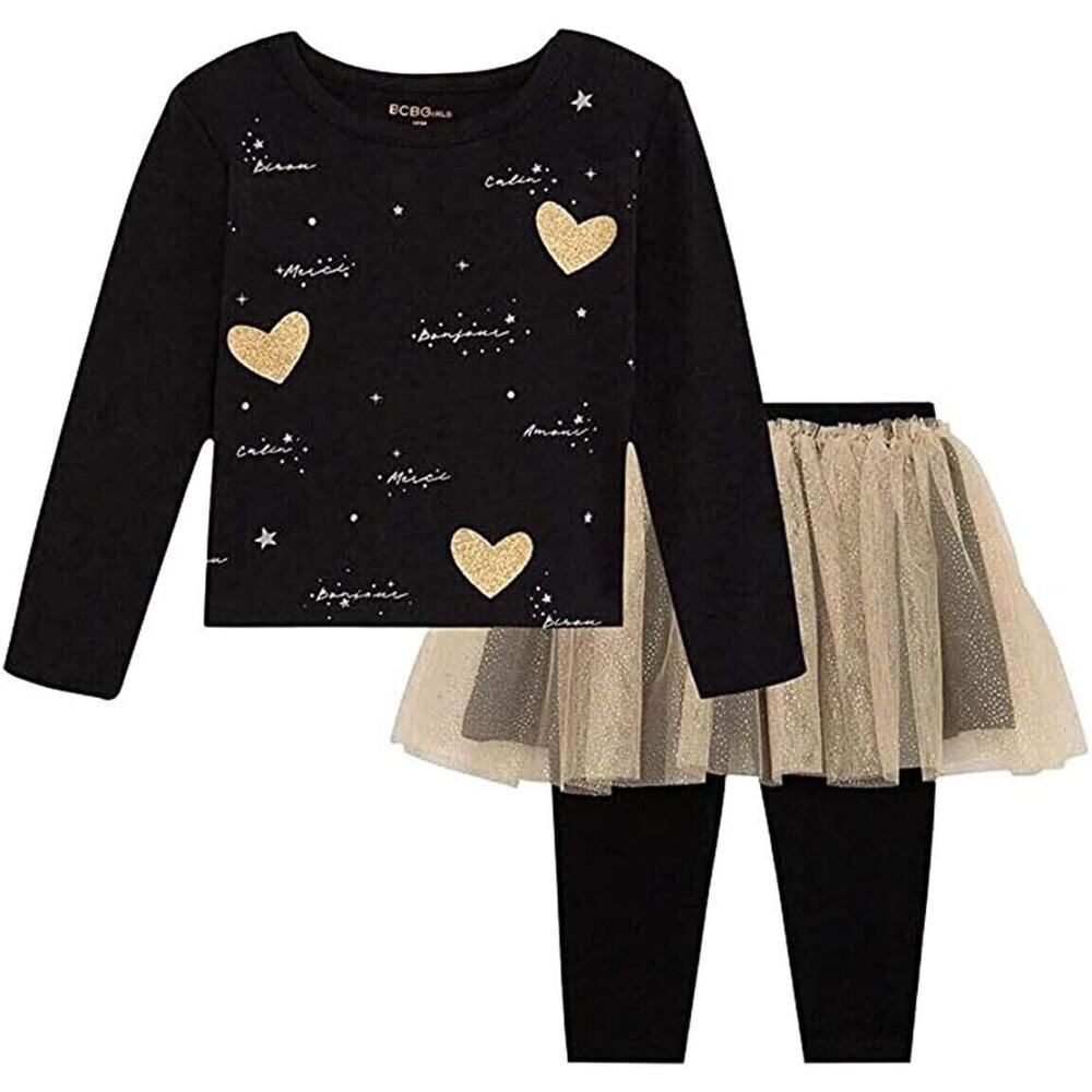 BCBG Girls Black Gold Pants Leggings Tutu Skirt & Top Outfit 2 Piece Set 5T